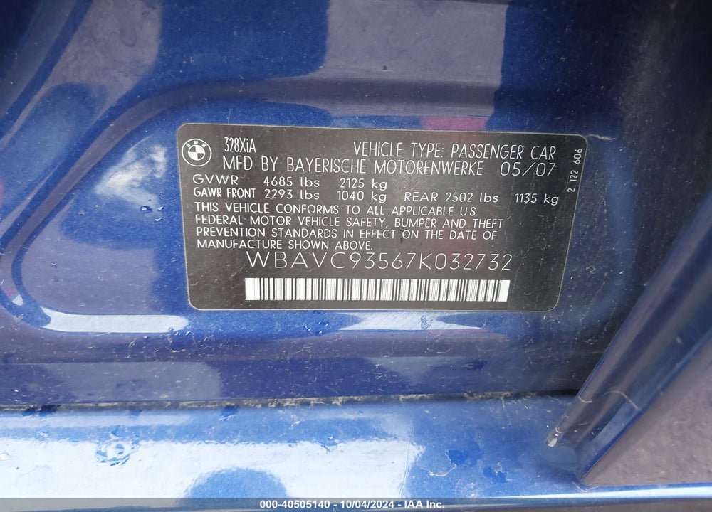 2007 BMW 328XI VIN: WBAVC93567K032732
