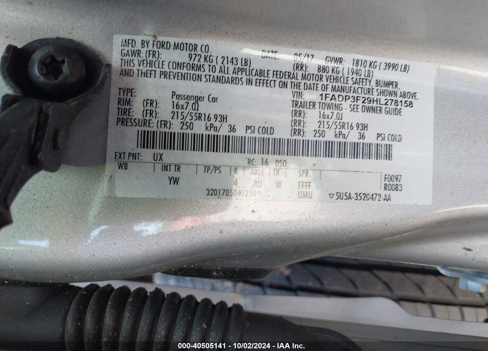 2017 FORD FOCUS SE VIN: 1FADP3F29HL278158