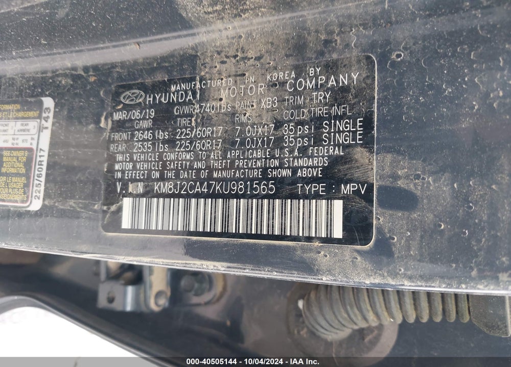 2019 HYUNDAI TUCSON SE VIN: KM8J2CA47KU981565