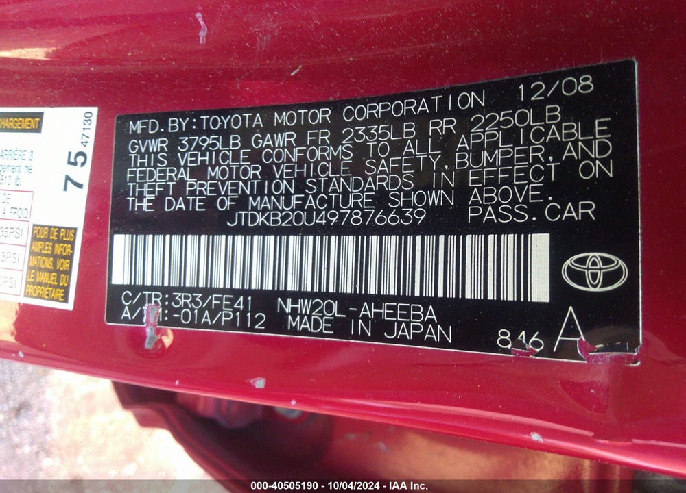 2009 TOYOTA PRIUS VIN: JTDKB20U497876639