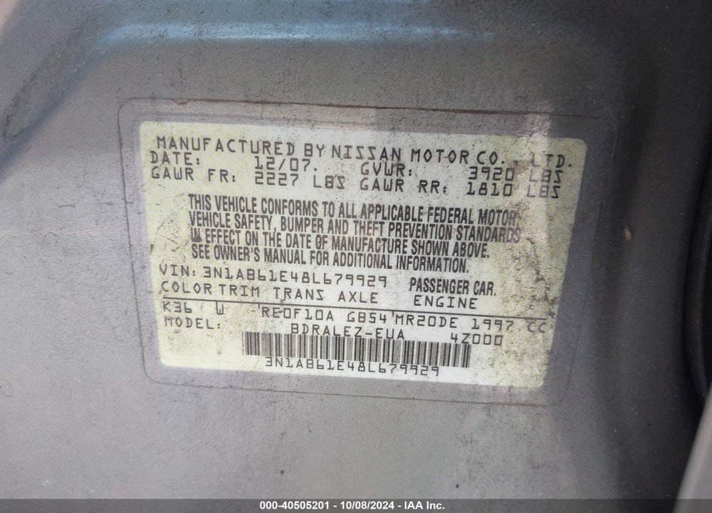 2008 NISSAN SENTRA 2.0S VIN: 3N1AB61E48L679929