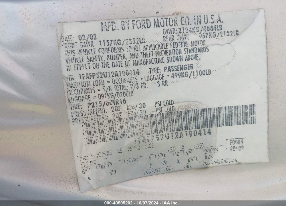 2002 FORD TAURUS LX VIN: 1FAFP52U12A190414