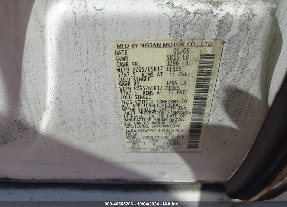 2005 NISSAN FRONTIER LE VIN: 1N6AD07W15C446535