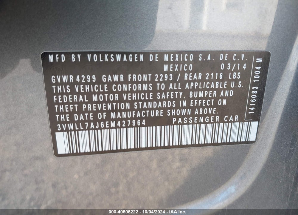2014 VOLKSWAGEN JETTA 2.0L TDI VIN: 3VWLL7AJ6EM427964