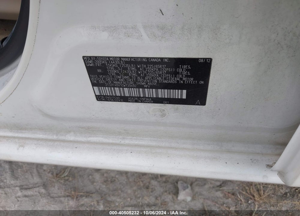 2012 TOYOTA RAV4 VIN: 2T3ZF4DV1CW139492