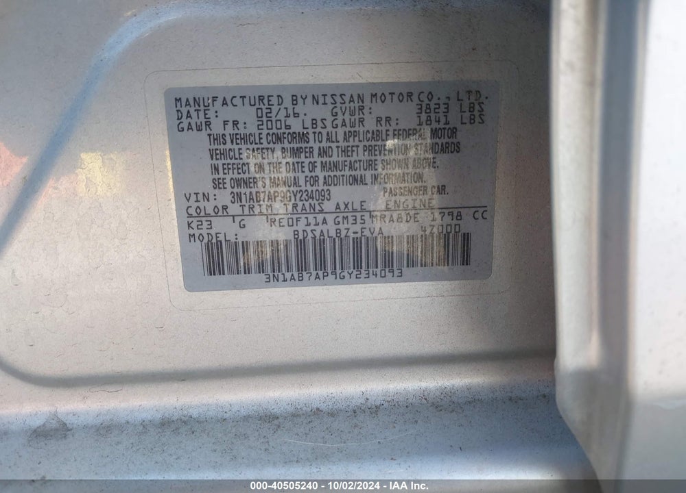 2016 NISSAN SENTRA S VIN: 3N1AB7AP9GY234093