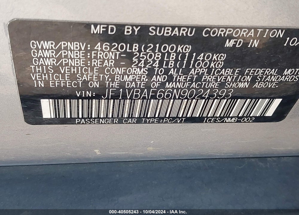 2022 SUBARU WRX PREMIUM VIN: JF1VBAF66N9024393