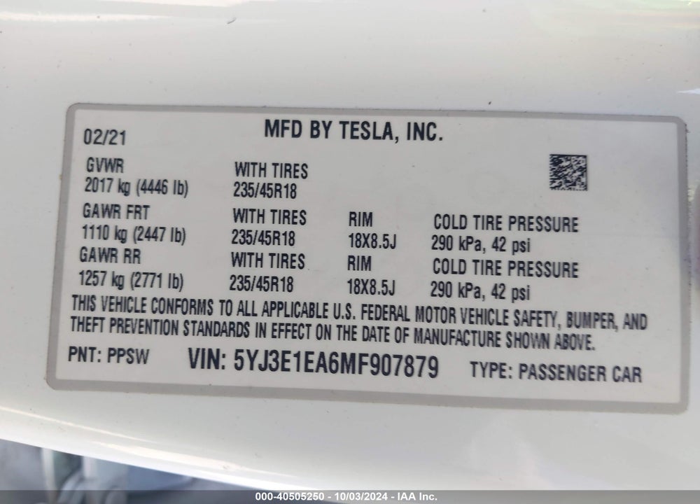 2021 TESLA MODEL 3 STANDARD RANGE PLUS REAR-WHEEL DRIVE VIN: 5YJ3E1EA6MF907879