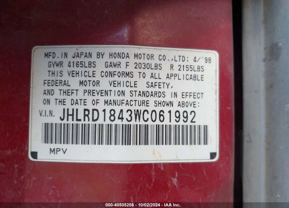 1998 HONDA CR-V LX VIN: JHLRD1843WC061992