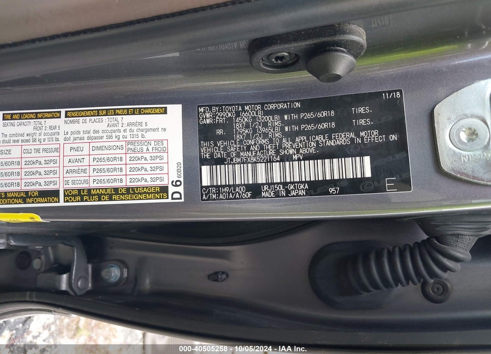 2019 LEXUS 460 PREMIUM VIN: JTJBM7FX8K5221164