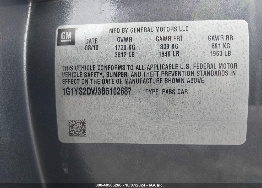 2011 CHEVROLET CORVETTE GRAND SPORT VIN: 1G1YS2DW3B5102687