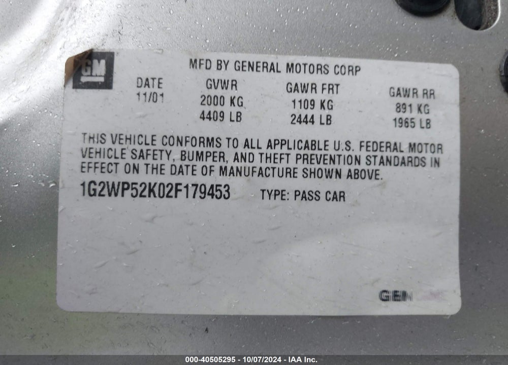 2002 PONTIAC GRAND PRIX GT VIN: 1G2WP52K02F179453