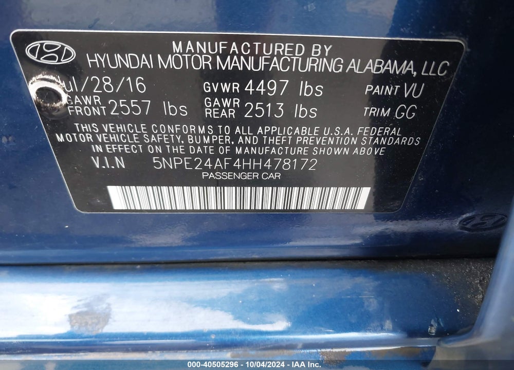 2017 HYUNDAI SONATA SE VIN: 5NPE24AF4HH478172