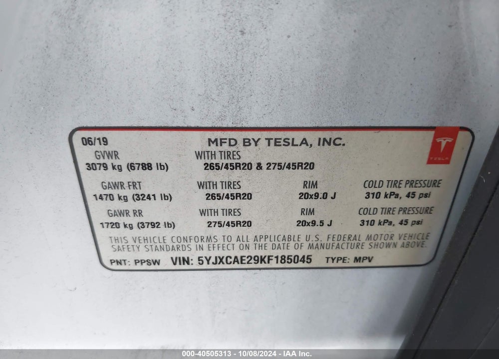 2019 TESLA MODEL X 100D/75D/LONG RANGE VIN: 5YJXCAE29KF185045