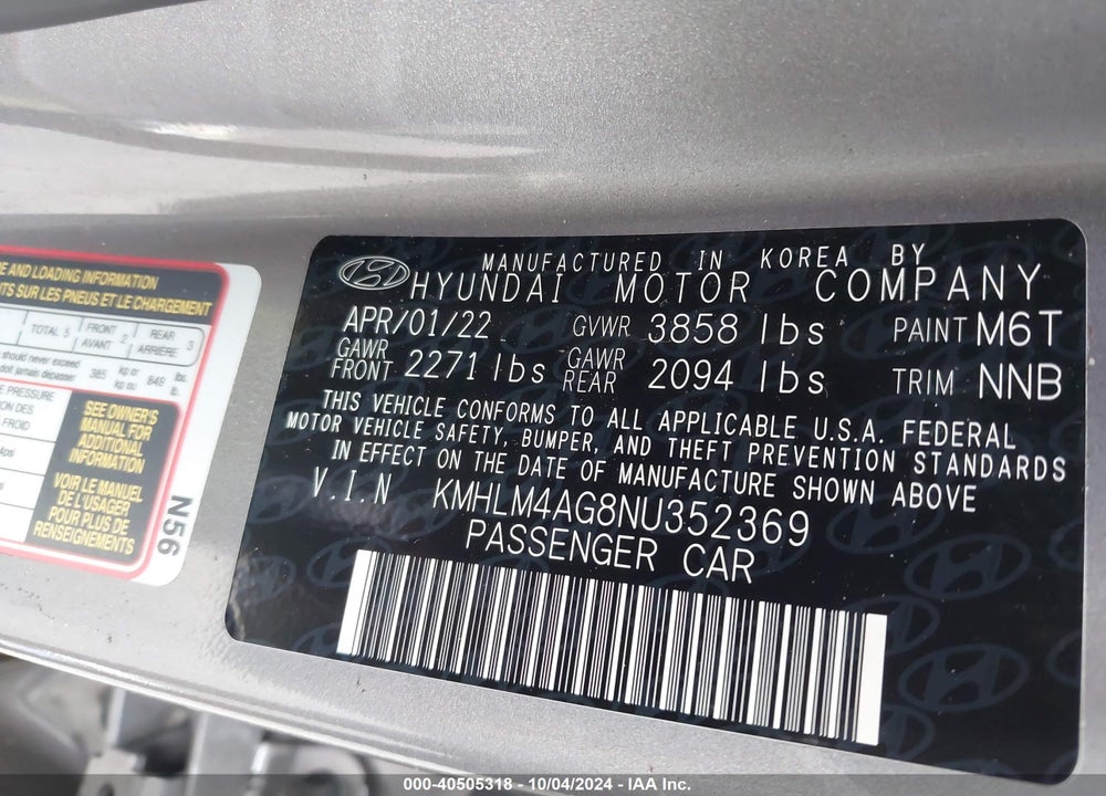 2022 HYUNDAI ELANTRA VIN: KMHLM4AG8NU352369