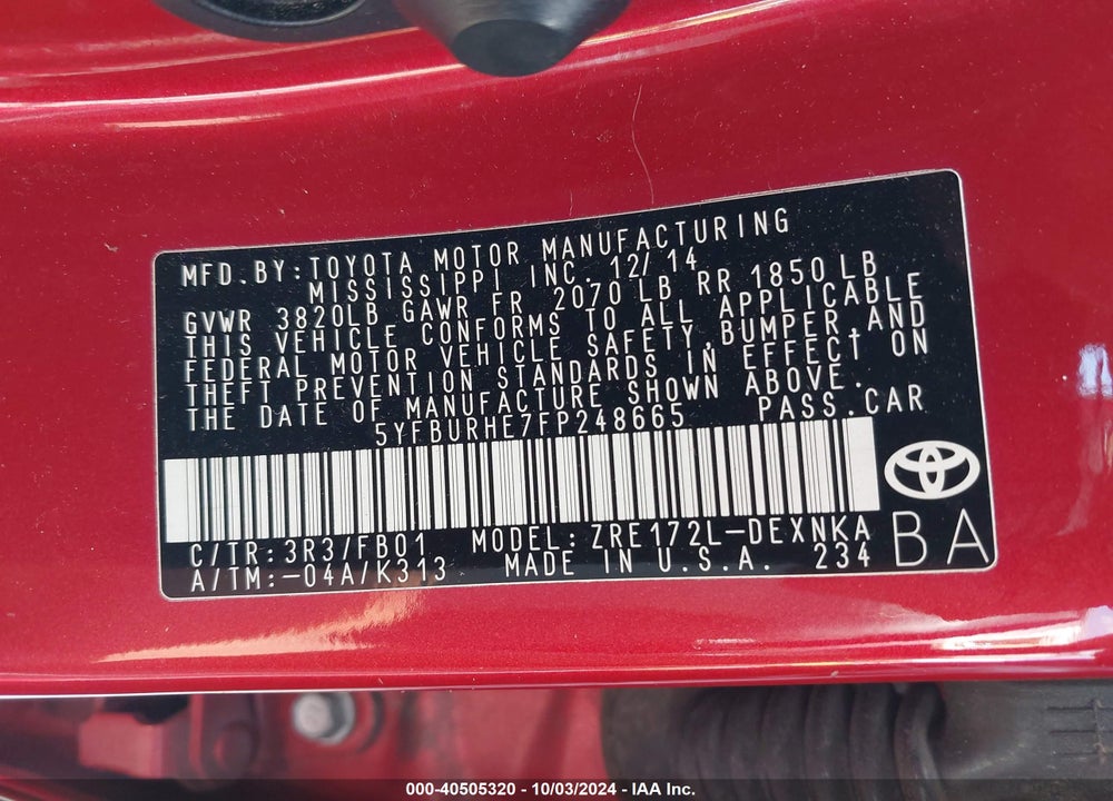 2015 TOYOTA COROLLA LE VIN: 5YFBURHE7FP248665
