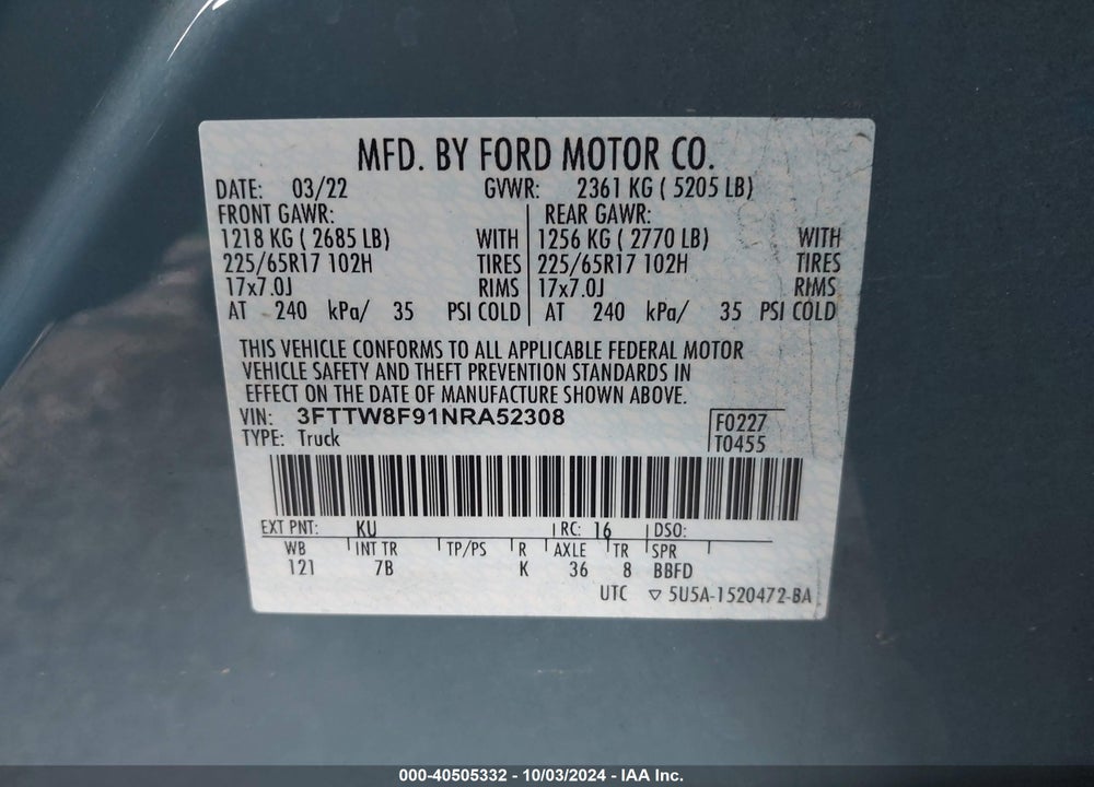 2022 FORD MAVERICK XLT VIN: 3FTTW8F91NRA52308