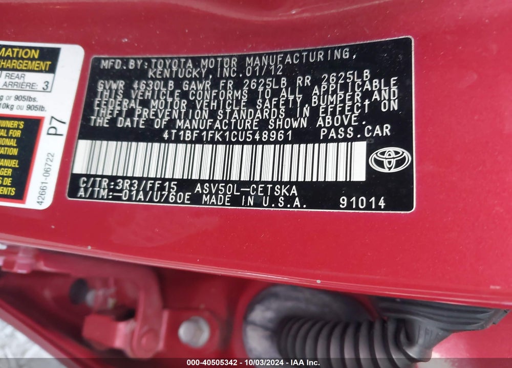 2012 TOYOTA CAMRY SE VIN: 4T1BF1FK1CU548961