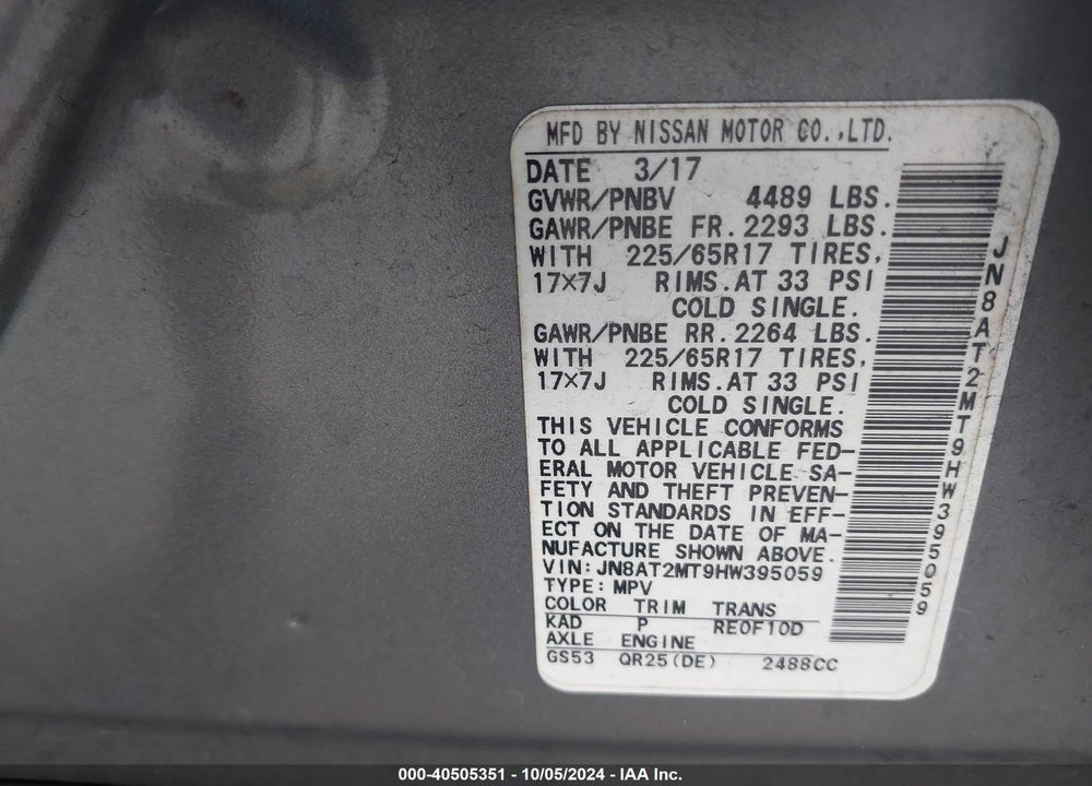 2017 NISSAN ROGUE S VIN: JN8AT2MT9HW395059
