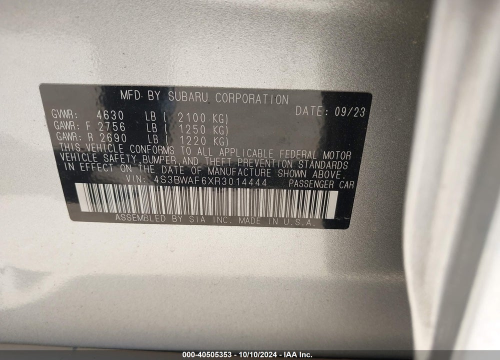 2024 SUBARU LEGACY PREMIUM VIN: 4S3BWAF6XR3014444