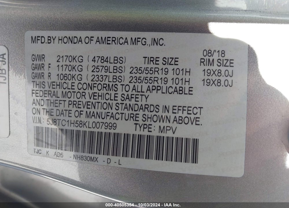 2019 ACURA RDX TECHNOLOGY PACKAGE VIN: 5J8TC1H58KL007999