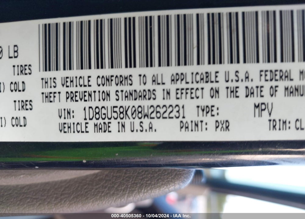 2008 DODGE NITRO SLT/RT VIN: 1D8GU58K08W262231