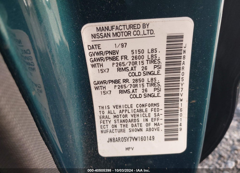 1997 NISSAN PATHFINDER LE/SE/XE VIN: JN8AR05Y7VW160149