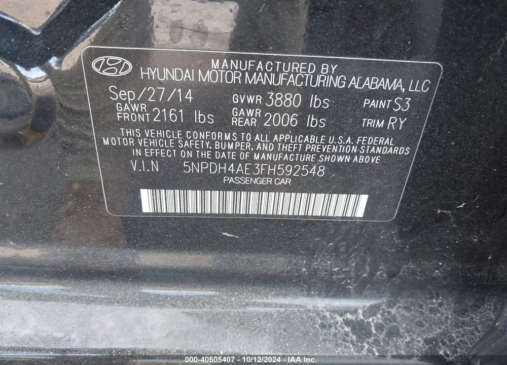 2015 HYUNDAI ELANTRA SE VIN: 5NPDH4AE3FH592548