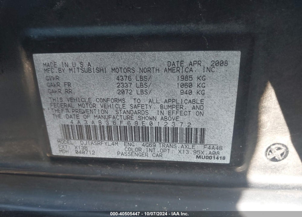 2009 MITSUBISHI GALANT ES/SPORT EDITION VIN: 4A3AB36F69E012372
