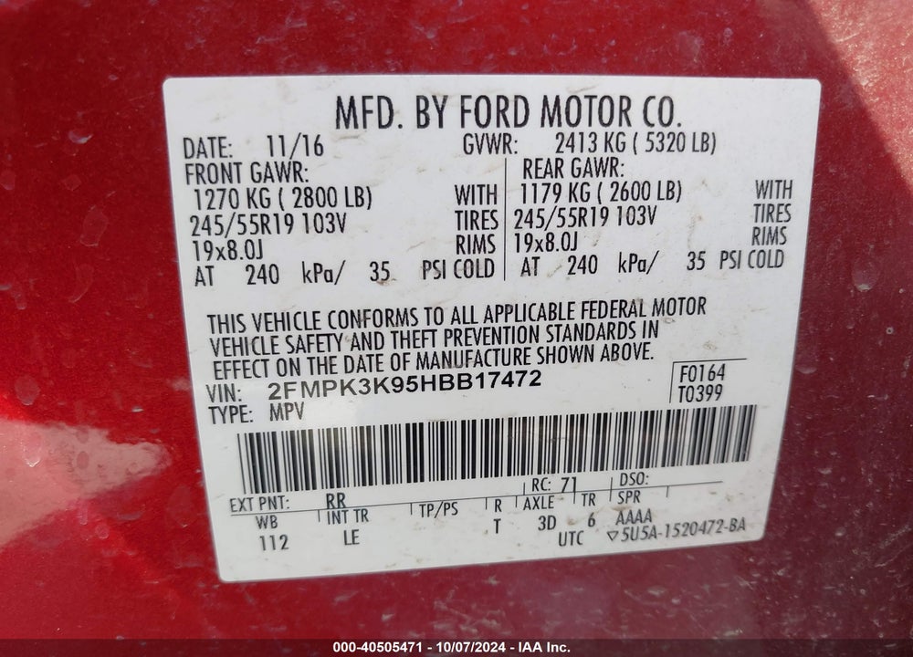 2017 FORD EDGE VIN: 2FMPK3K95HBB17472