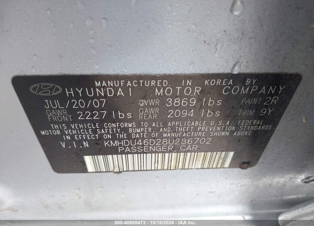 2008 HYUNDAI ELANTRA GLS/SE VIN: KMHDU46D28U286702