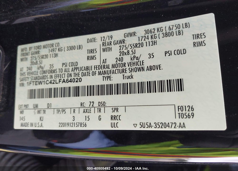 2020 FORD F-150 KING RANCH VIN: 1FTEW1C42LFA64020