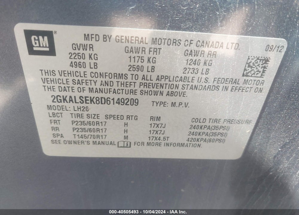 2013 GMC TERRAIN SLE-2 VIN: 2GKALSEK8D6149209