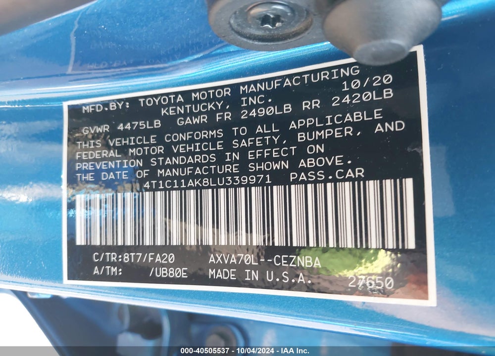 2020 TOYOTA CAMRY LE VIN: 4T1C11AK8LU339971