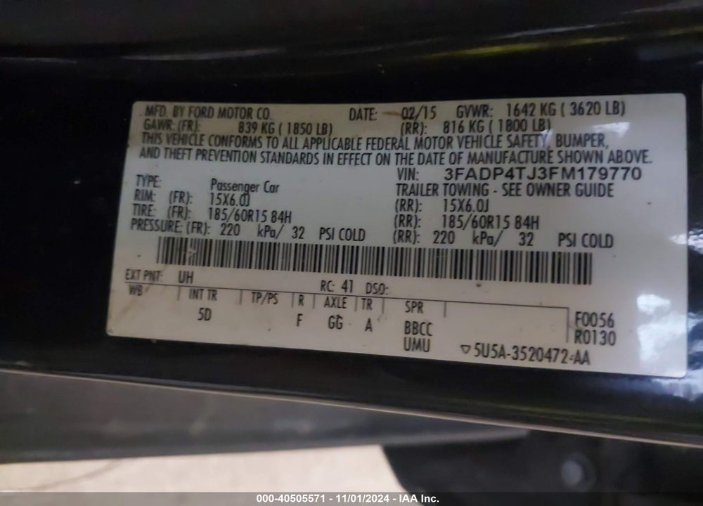 2015 FORD FIESTA S VIN: 3FADP4TJ3FM179770