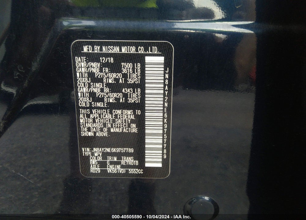 2019 NISSAN ARMADA PLATINUM VIN: JN8AY2NE6K9757789