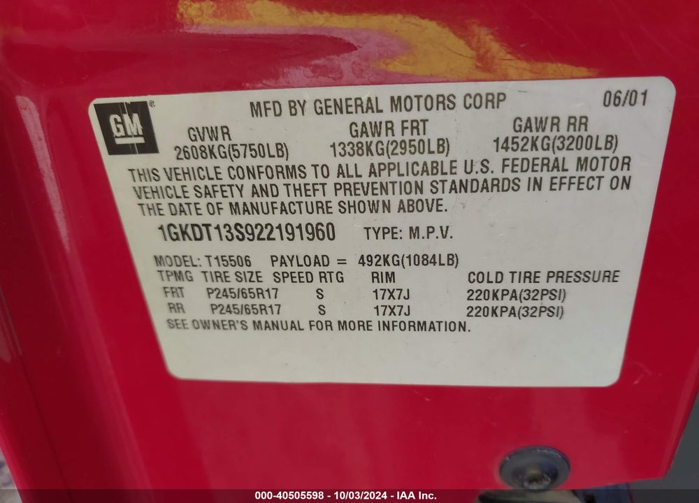 2002 GMC ENVOY SLE VIN: 1GKDT13S922191960