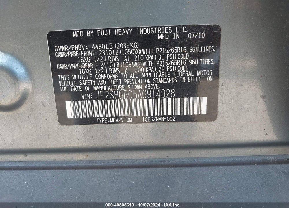 2010 SUBARU FORESTER 2.5X VIN: JF2SH6BC5AG914928