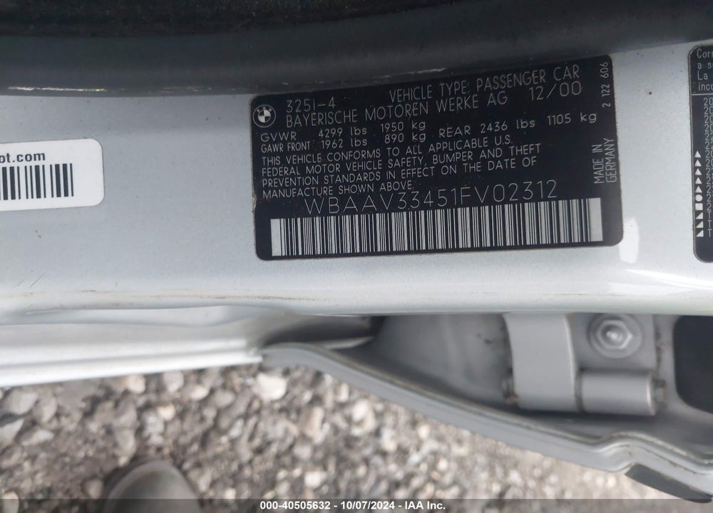 2001 BMW 325I VIN: WBAAV33451FV02312