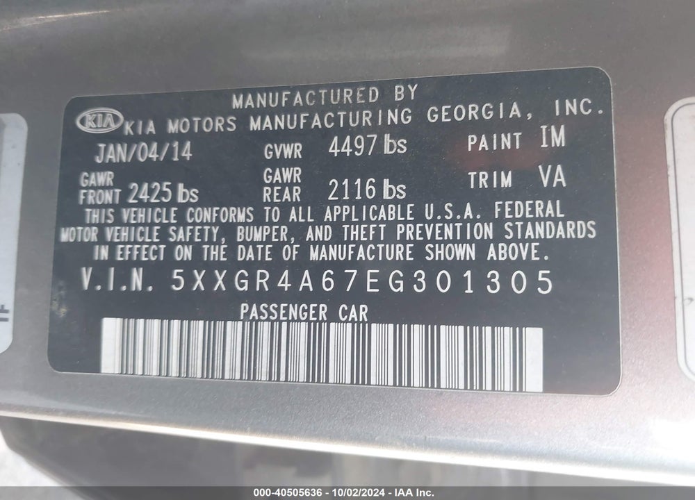 2014 KIA OPTIMA SXL TURBO VIN: 5XXGR4A67EG301305