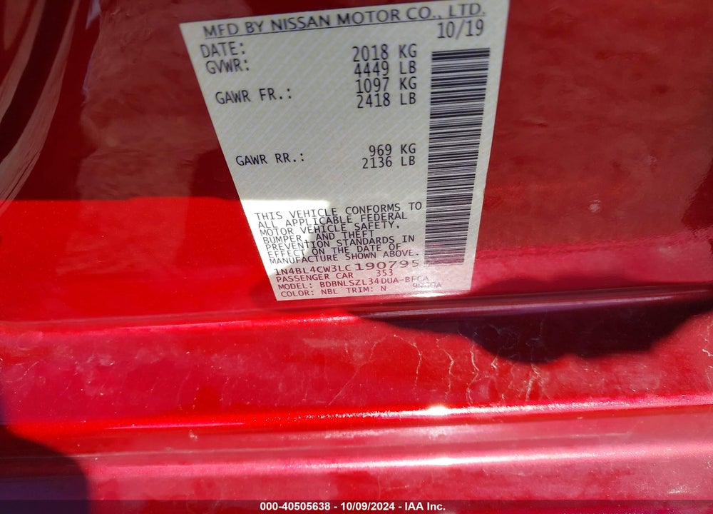 2020 NISSAN ALTIMA SR INTELLIGENT AWD VIN: 1N4BL4CW3LC190795