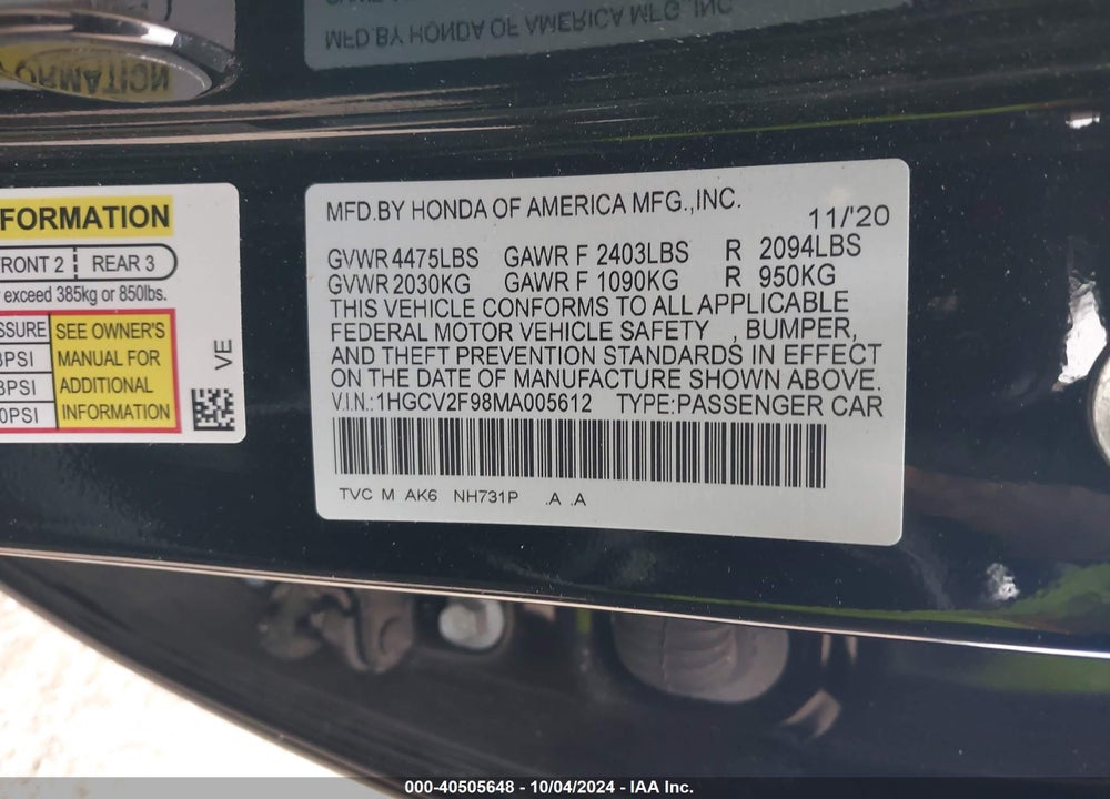 2021 HONDA ACCORD TOURING VIN: 1HGCV2F98MA005612