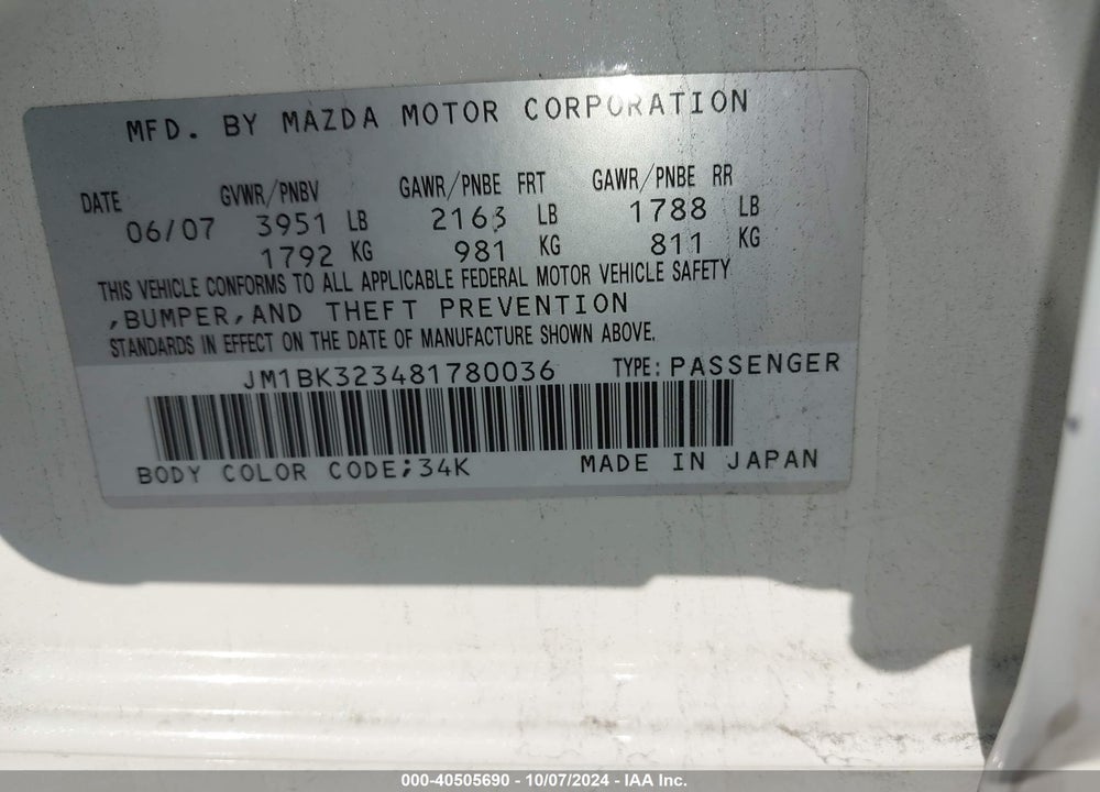 2008 MAZDA 3 S TOURING VIN: JM1BK323481780036