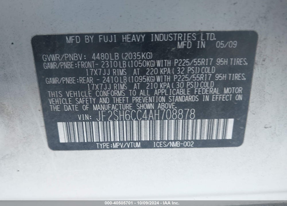 2010 SUBARU FORESTER 2.5X PREMIUM VIN: JF2SH6CC4AH708878