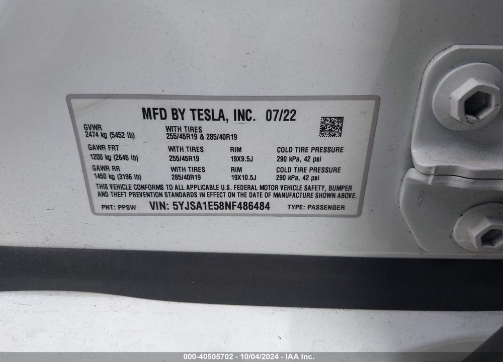 2022 TESLA MODEL S DUAL MOTOR ALL-WHEEL DRIVE VIN: 5YJSA1E58NF486484