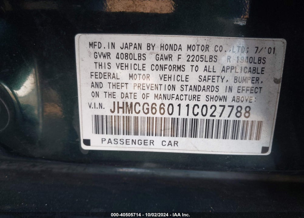 2001 HONDA ACCORD EX VIN: JHMCG66011C027788