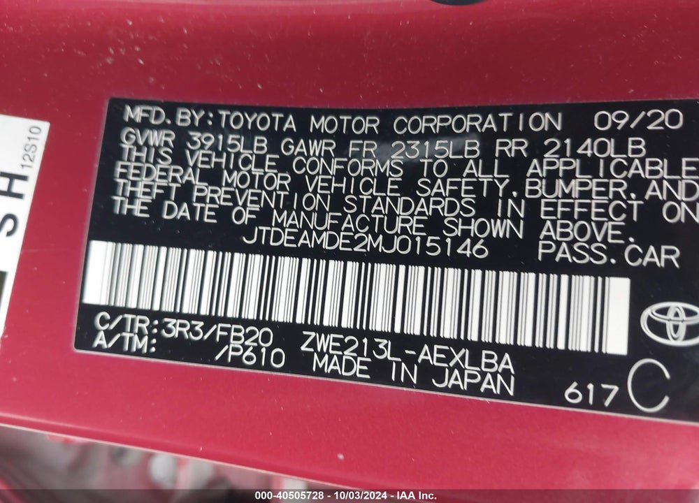 2021 TOYOTA COROLLA HYBRID LE VIN: JTDEAMDE2MJ015146