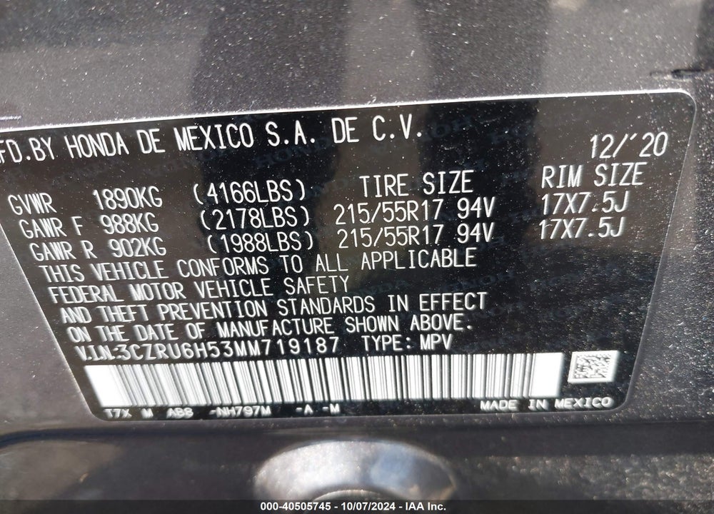 2021 HONDA HR-V AWD EX VIN: 3CZRU6H53MM719187
