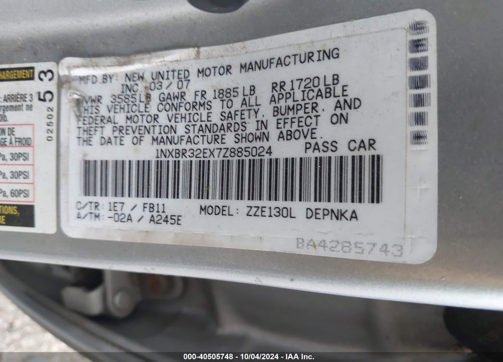 2007 TOYOTA COROLLA LE VIN: 1NXBR32EX7Z885024