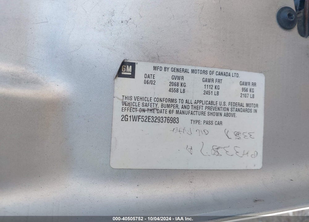 2002 CHEVROLET IMPALA VIN: 2G1WF52E329376983